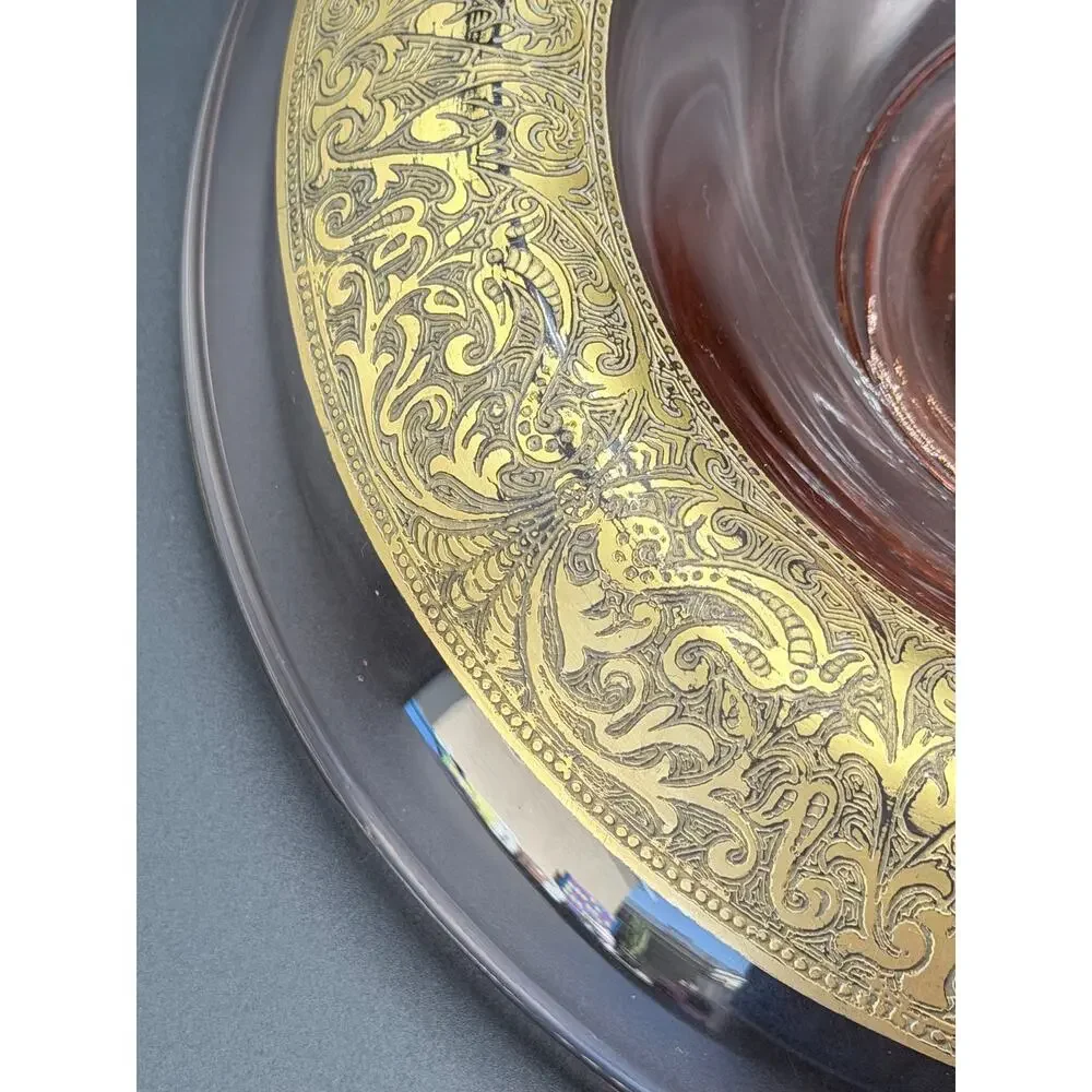 Vintage Pink Depression Glass Console Bowl Gold Encrusted Floral Rim